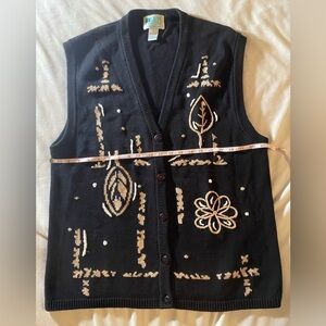 Granny vest black tan and white button up cottagecore vintage 90s XL extralarge